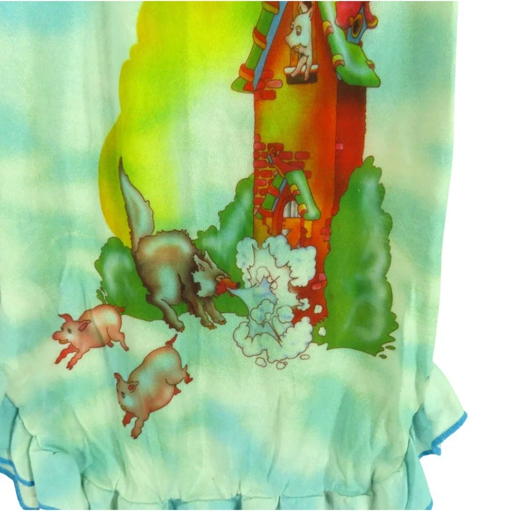 VTG Carter's Blue Cloud KNIT NIGHTGOWN GOWN Ruffle Trim 3 LITTLE PIGS w/WOLF 3T